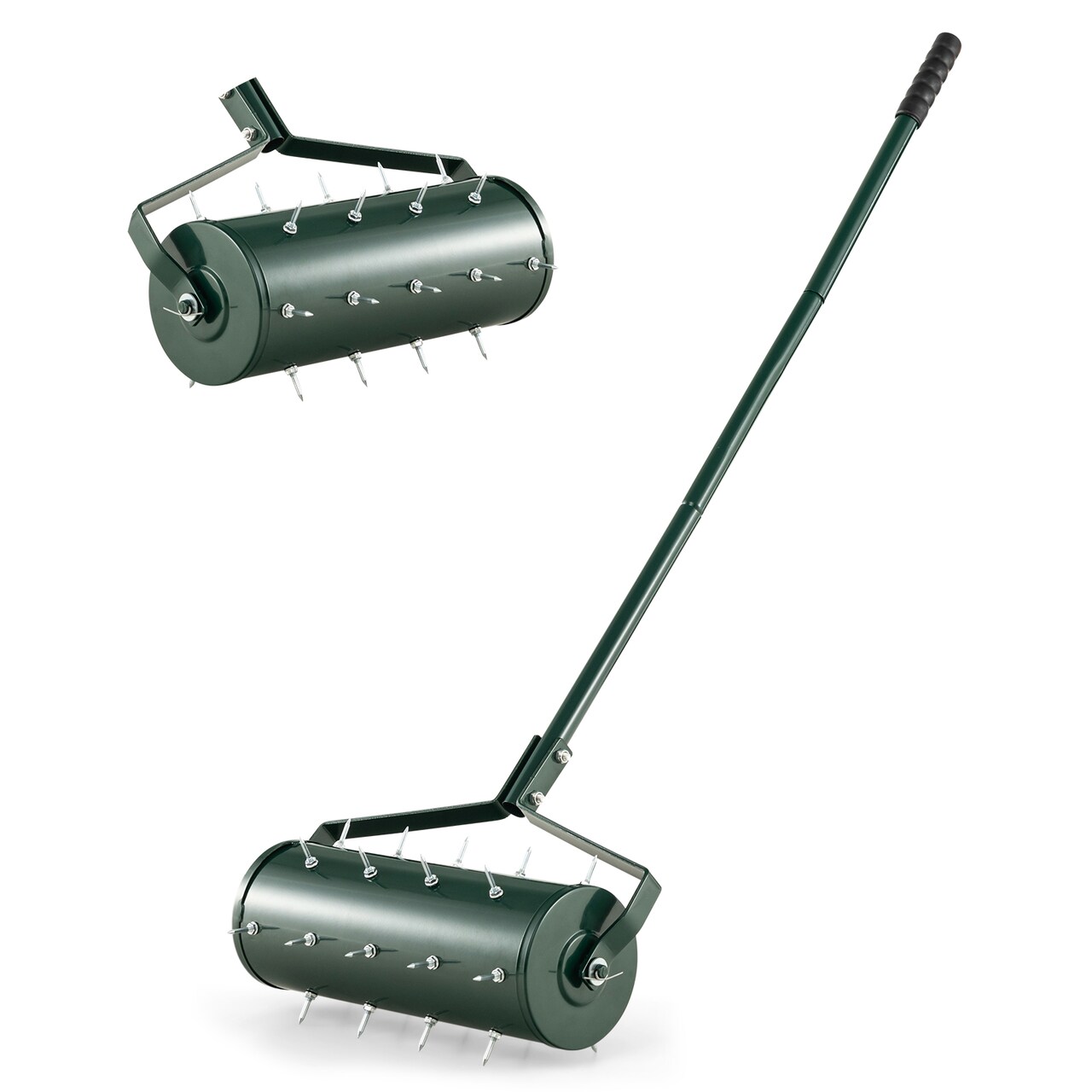 Green Galvanized Steel Lawn Aerator with Spikes, Sand-Filled Drum and Detachable Handle